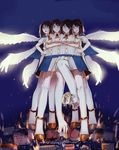  4girls belt blue_eyes breasts brown_hair cape city conjoined crossed_arms giantess helicopter high_heels multi_arm multi_breast multi_head multi_leg multi_limb multiple_girls necktie people phen-projnu phena_aulin shirt skirt thighhighs 