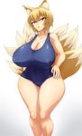  :o animal_ears bangs bare_shoulders blonde_hair blue_swimsuit breasts brown_eyes cameltoe cleavage collarbone covered_navel covered_nipples curvy eyebrows_visible_through_hair fox_ears fox_tail gradient gradient_background grey_background hair_between_eyes hand_on_hip highres hips huge_breasts jadf kitsune legs_together looking_at_viewer multicolored multicolored_eyes multiple_tails old_school_swimsuit one-piece_swimsuit parted_lips school_swimsuit short_hair simple_background slit_pupils solo standing swimsuit tail thick_thighs thighs touhou white_background wide_hips yakumo_ran yellow_eyes 