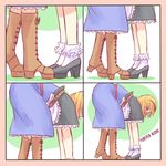  1girl 4koma alice_margatroid apron bent_over blonde_hair blue_dress boots bow comic commentary dress frilled_legwear hair_bow highres implied_kiss lonely lower_body meme optical_illusion parody shoes_on_hands short_hair silent_comic socks solo standing touhou waist_apron yoruny 