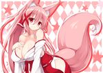  :3 animal_ears argyle argyle_background bangs blush breasts cleavage collarbone commentary_request covered_nipples detached_sleeves eyebrows_visible_through_hair fox_ears fox_girl fox_tail hair_between_eyes hakama half_updo hand_on_breast highres japanese_clothes kazamatsuri_kazari large_breasts leaning_forward long_hair looking_at_viewer miko mizuki_(kogetsu-tei) nontraditional_miko original pink_hair red_eyes side_slit smile solo star starry_background tail very_long_hair 