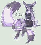  4_toes 5_fingers aimi anthro black_nose blair_(aimi) canine clothed clothing female fluffy fluffy_tail grey_hair hair heterochromia mammal navel simple_background sitting solo toes 