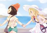  ^_^ bag bangs beanie between_breasts black_hair blonde_hair blue_sky blunt_bangs blush braid breasts closed_eyes cloud cloudy_sky couple day dress french_braid green_eyes happy hat holding_hands lillie_(pokemon) long_hair mizuki_(pokemon) multiple_girls ocean open_mouth outdoors pokemon pokemon_(game) pokemon_sm red_hat ringo_(nanaprin) shirt short_hair short_sleeves shorts sky sleeveless sleeveless_dress strap_cleavage sun_hat tied_shirt walking white_dress white_hat white_shirt yuri z-ring 