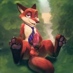  2016 3_toes absurd_res animal_genitalia animal_penis anthro balls bedroom_eyes brown_fur canine canine_penis claws disney erection feet foot_focus fox fur green_eyes half-closed_eyes hi_res hindpaw knot lokpik looking_at_viewer male mammal markings necktie nick_wilde nude outside pawpads paws penis perineum red_fox red_fur seductive sigmature signature sitting socks_(marking) soles solo toe_claws toe_curl toes zootopia 