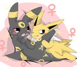  black_fur blush eeveelution eye_contact female female/female fur jolteon nintendo open_mouth pok&eacute;mon pussy pussy_juice red_eyes retsuo spread_legs spreading tongue tongue_out umbreon video_games yellow_fur ♀ 