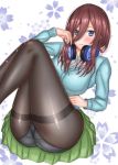  1girl artist_request ass black_legwear blue_eyes blue_sweater blush breasts brown_hair cameltoe closed_mouth collared_shirt eyebrows_visible_through_hair go-toubun_no_hanayome green_skirt hair_between_eyes hair_twirling hand_up headphones headphones_around_neck knees_up legs_crossed long_hair looking_at_viewer medium_breasts nakano_miku panties panties_under_pantyhose pantyhose pleated_skirt see-through shirt sitting skirt sleeves_past_wrists smile solo sweater underwear 