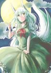  breasts claws cleavage cloud dress ex-keine full_moon green_dress green_hair horns kamishirasawa_keine kitsune_maru large_breasts looking_at_viewer moon multicolored_hair open_mouth puffy_short_sleeves puffy_sleeves short_sleeves solo tail touhou white_hair yellow_eyes 