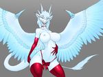  alyssah anthro bow breasts clothing collar digital_media_(artwork) dragon elbow_gloves feathered_wings feathers female fur furred_dragon gloves hair legwear nipples ribbons simple_background smile t3gray thigh_highs white_hair wings 