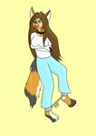  2013 3_toes anthro barefoot biped black_fur black_nose black_tail blue_bottomwear blue_clothing blue_eyes bound breasts brown_fur brown_hair brown_tail calico_cat cat cheek_tuft clothed clothing collar digital_media_(artwork) feline female fluffy fluffy_tail front_view full-length_portrait fur hair kat_(vampirekat2000) long_hair mammal multicolored_fur multicolored_tail open_mouth pants pointy_ears portrait signature simple_background solo spreader_bar straitjacket toes tuft vampirekat2000 white_fur white_tail yellow_background 