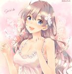  :3 alpha_(yukai_na_nakamatachi) blue_eyes blush branch breasts brown_hair character_name cherry_blossoms commentary_request dress flower hair_flower hair_ornament ichinose_shiki idolmaster idolmaster_cinderella_girls long_hair looking_at_viewer medium_breasts open_mouth signature smile solo twitter_username 