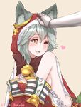  animal_ears bare_shoulders blush breasts collar disco_brando erune fangs granblue_fantasy hair_between_eyes heart medium_breasts open_mouth red_eyes sen_(granblue_fantasy) sideboob silver_hair simple_background smile solo 