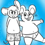  anthro blue_background blush clothed clothing duo embarrassed eyewear glasses hamster looking_at_viewer male mammal monochrome mouse navel nishi oxynard rex(mouse) rodent simple_background slightly_chubby smile topless underwear whiskers 