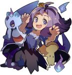  :3 :d acerola_(pokemon) amakoke armlet bangs bare_arms collarbone costume dress elite_four fire flat_chest flipped_hair froslass gem gen_3_pokemon gen_4_pokemon gen_7_pokemon hair_ornament half_updo hitodama mimikyu open_mouth pokemon pokemon_(creature) pokemon_(game) pokemon_sm purple_dress purple_hair sableye short_hair simple_background smile solo stitches torn_clothes torn_dress torn_sleeves trial_captain white_background 