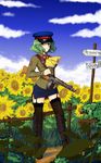  alternate_costume ascot black_legwear blue_skirt blue_sky blurry boots cloud commentary_request cross-laced_footwear day depth_of_field flower frilled_ascot frills garden_of_the_sun garter_straps grass green_hair gun hat highres kazami_yuuka lace lace-trimmed_thighhighs lace-up_boots long_sleeves looking_at_viewer military military_hat military_jacket military_uniform miniskirt outdoors path ppsh-41 red_eyes road russian short_hair skirt sky solo submachine_gun sunflower thigh_boots thighhighs thighs touhou translated uniform vittorio_veneto_(fayuuka) weapon wind 