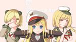  admiral_scheer_(zhan_jian_shao_nyu) aiguillette animal_ears armband black_jacket blonde_hair closed_mouth collarbone crop_top deutschland_(zhan_jian_shao_nyu) eyebrows_visible_through_hair fake_animal_ears finger_to_mouth graf_spee_(zhan_jian_shao_nyu) grey_shirt hair_ornament hairclip hand_on_ear hand_over_face hat highres index_finger_raised jacket long_hair long_sleeves looking_at_viewer low_twintails military military_uniform multiple_girls open_mouth orange_eyes peaked_cap pink_background portrait sailor_collar sasya shirt short_hair smile text_focus three_monkeys torpedo twintails uniform white_hat zhan_jian_shao_nyu 