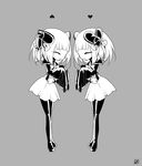  2girls attraction-m_(lolo) eyes_closed female heart magical_girl magical_girl_apocalypse mahou_shoujo_of_the_end monochrome multiple_girls repulsion-m_(coco) siblings simple_background skirt thigh_boots twins very_long_sleeves 
