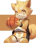  basketball bulge canine clothing cub dog front_view holding_ball jersey looking_at_viewer male mammal moki navel penis_outline smile solo tight_clothing young 