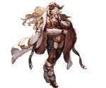  beard belt blonde_hair boots brown_eyes draph earrings facial_hair fingerless_gloves full_body fur_trim gloves granblue_fantasy horns jacket_on_shoulders jewelry ladiva long_hair male_focus minaba_hideo official_art one_eye_closed solo transparent_background 