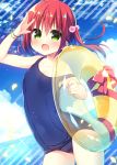  1girl :d arm_up bangle bangs bare_arms bare_shoulders blue_hair blue_sky blue_swimsuit blush bow bracelet breasts cloud cloudy_sky collarbone day diagonal_stripes dutch_angle eyebrows_visible_through_hair fang gradient_hair green_eyes hair_between_eyes hair_bobbles hair_ornament hanamiya_natsuka holding holding_innertube horizon innertube jewelry long_hair looking_at_viewer multicolored_hair ocean old_school_swimsuit one-piece_swimsuit open_mouth original outdoors red_bow red_hair red_ribbon ribbon school_swimsuit side_ponytail sky small_breasts smile solo strap_slip striped swimsuit transparent water yellow_innertube 