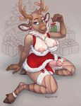  2016 anthro antlers areola balls blue_eyes breasts cervine chewycuticle christmas christmas_tree clothed clothing dickgirl fur gift holidays hooves horn humanoid_penis intersex legwear looking_at_viewer mammal mistletoe neck_tuft nipple_slip nipples panties penis plant poking_out reindeer solo stockings tree tuft underwear 