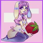  &lt;3 &lt;3_eyes anthro areola breasts clothed clothing female food fruit kneeling lagomorph looking_at_viewer mammal nipples open_shirt prinisdead rabbit smile solo strawberry thick_thighs 