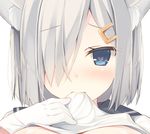  animal_ears blue_eyes blush cat_ears commentary_request eyebrows_visible_through_hair face gloves hair_ornament hair_over_one_eye hairclip hamakaze_(kantai_collection) heart heart-shaped_pupils highres kantai_collection looking_at_viewer miko_92 mouth_hold shirt_in_mouth shirt_lift silver_hair solo symbol-shaped_pupils white_background 