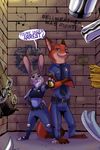  2016 akiric anthro baseball_bat bulletproof_vest canine clothed clothing crossed_arms crowbar dialogue disney duo english_text female fox graffiti gun hand_on_hip judy_hopps knife lagomorph looking_at_viewer male mammal nick_wilde police_badge police_uniform rabbit ranged_weapon smile text uniform unseen_character weapon zootopia 