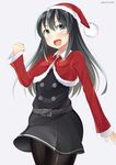  :d adapted_costume asashio_(kantai_collection) bad_id bad_pixiv_id belt black_hair black_legwear blue_eyes breasts clenched_hand dress fur-trimmed_jacket fur_trim grey_background hat jacket kankitsunabe_(citrus) kantai_collection long_hair long_sleeves neck_ribbon open_mouth pantyhose pinafore_dress red_ribbon remodel_(kantai_collection) ribbon santa_costume santa_hat simple_background small_breasts smile solo twitter_username v-shaped_eyebrows 