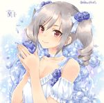  alpha_(yukai_na_nakamatachi) blue_flower blue_rose character_name commentary_request dress drill_hair flower hair_flower hair_ornament idolmaster idolmaster_cinderella_girls kanzaki_ranko long_hair petals red_eyes rose signature silver_hair smile solo twin_drills twintails twitter_username 