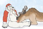  all_fours anthro anthro_on_feral antlers bear bestiality blueballs bottomless cervine christmas clothed clothing duo eyes_closed facial_hair fellatio feral holidays horn male male/male mammal mature_male moobs mustache nipples open_mouth oral overweight overweight_male polar_bear reindeer santa_claus scrunchy_face sex side_view sitting tongue tongue_out 