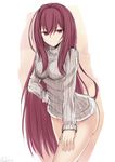  alternate_costume breasts fate/grand_order fate_(series) hair_between_eyes highres kesoshirou light_smile long_hair long_sleeves looking_at_viewer medium_breasts no_panties purple_hair red_eyes ribbed_sweater scathach_(fate)_(all) scathach_(fate/grand_order) sketch solo sweater turtleneck very_long_hair 