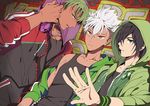  :p bad_id bad_pixiv_id black_hair brown_eyes buttons closed_mouth dark_skin dark_skinned_male dutch_angle eunram green_eyes green_hair hair_over_one_eye headphones headphones_around_neck highres hood hoodie jacket jewelry king_of_prism_by_prettyrhythm kougami_taiga long_hair looking_at_viewer male_focus multiple_boys necklace nishina_kazuki off_shoulder open_clothes open_hoodie open_jacket outstretched_hand pretty_rhythm purple_eyes spiked_hair sweatband sweatshirt tank_top tongue tongue_out upper_body white_hair wristband yamato_alexander 