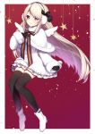  1girl bangs black_bow black_gloves black_legwear blush boots bow capelet closed_mouth dress earmuffs elu_(nijisanji) eyebrows_visible_through_hair full_body fur-trimmed_capelet fur-trimmed_sleeves fur_trim gloves light_brown_hair long_hair long_sleeves mini_wings nijisanji red_background red_bow red_eyes short_dress sleeves_past_wrists smile solo star striped striped_bow thighhighs two-tone_background very_long_hair virtual_youtuber white_background white_capelet white_dress white_footwear white_wings wide_sleeves wings yamabukiiro 