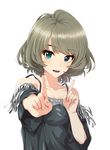  bare_shoulders blue_eyes breasts cleavage commentary_request green_eyes green_hair heterochromia highres idolmaster idolmaster_cinderella_girls index_finger_raised infinote koi_dance medium_breasts mole mole_under_eye open_mouth smile solo takagaki_kaede white_background 