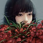  asian bad_id bad_pixiv_id black_eyes black_hair commentary_request face flower flower_request lips looking_at_viewer nose original plant realistic red_flower solo wataboku 