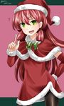  akashi_(kantai_collection) capelet commentary_request cowboy_shot detached_sleeves fur_trim green_eyes hair_ribbon hand_on_hip hat hebitsukai-san highres kantai_collection long_hair looking_at_viewer open_mouth pantyhose pink_hair ribbon santa_costume santa_hat smile solo standing tress_ribbon 