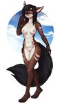  2016 alpha_channel anthro areola black_fur black_hair breasts brown_fur candy canine cloud female food fox fur hair lollipop long_hair looking_at_viewer mammal navel nipples nude pink_nipples porin purple_eyes pussy sky smile solo tongue tongue_out 