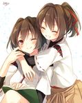  ;) artist_name book brown_hair commentary grin hair_ribbon hug hug_from_behind hyuuga_(kantai_collection) ise_(kantai_collection) japanese_clothes jpeg_artifacts kantai_collection multiple_girls one_eye_closed open_book ponytail red_ribbon ribbon ribbon-trimmed_sleeves ribbon_trim signature smile toosaka_asagi 