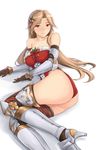  ass bare_shoulders brown_hair christmas collarbone cowter granblue_fantasy hair_ornament high_heels highres katalina_aryze long_hair looking_to_the_side red_eyes simple_background solo terry_(pixiv3274443) vambraces 