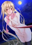  black_legwear blonde_hair blush breasts cloud covering covering_crotch dog_lead exhibitionism eyebrows_visible_through_hair hair_between_eyes kantai_collection large_breasts leash long_hair looking_at_viewer moon murasame_(kantai_collection) naked_scarf narukami_ginryuu night night_sky nipples ocean open_mouth pink_scarf red_eyes scarf sky solo thighhighs twintails very_long_hair 