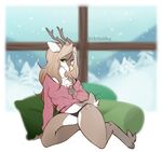  anthro antlers cervine clothed clothing deer female geekidog horn inside looking_at_viewer mammal snow solo thick_thighs wide_hips 