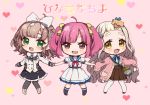  3girls :d asuka_hina bangs black_legwear black_skirt blue_ribbon blue_sailor_collar blush boots bow brown_eyes brown_footwear brown_hair brown_skirt cardigan character_request chibi cross-laced_footwear eyebrows_visible_through_hair food frilled_skirt frills green_eyes hair_bow hand_holding heart heart_background jacket lace-up_boots long_hair long_sleeves looking_at_viewer multiple_girls neck_ribbon nijisanji open_cardigan open_clothes open_mouth pantyhose pink_background pink_cardigan pink_hair pizza pleated_skirt puffy_short_sleeves puffy_sleeves ribbon sailor_collar school_uniform serafuku shirt short_sleeves sidelocks skirt slice_of_pizza smile socks standing thick_eyebrows thighhighs translation_request twintails v-shaped_eyebrows very_long_hair virtual_youtuber white_bow white_jacket white_legwear white_shirt white_skirt yamabukiiro yellow_bow 