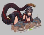  black_hair breasts building cleavage cosplay costume godzilla godzilla_(cosplay) godzilla_(series) highres large_breasts looking_at_viewer shin_godzilla smile solo tail urasato 