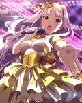  artist_request bangs breasts corset dress ears gloves hair_ornament hair_ribbon idolmaster idolmaster_(classic) idolmaster_million_live! large_breasts layered_dress long_hair microphone music official_art open_mouth outstretched_hand red_eyes ribbon shijou_takane sidelocks silver_hair singing solo stage_lights wavy_hair 