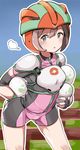  :o armpits ass bangs bike_shorts biker_clothes blue_eyes blue_sky blush breastplate brown_hair day egg elbow_pads fingerless_gloves gloves hair_between_eyes hand_on_hip helmet hips holding_egg legs looking_at_viewer mizuki_(pokemon) open_mouth pokemon pokemon_(game) pokemon_sm short_hair short_shorts shorts shoulder_pads sigh skin_tight sky solo spandex thighs toi_(toiot) wide_hips 