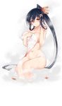  bath bathing black_hair breasts covering hair_ornament highres kodama_yuu large_breasts leaf long_hair looking_at_viewer navel nude_cover official_art onsen red_eyes shirohime_quest smile solo steam towel transparent_background very_long_hair wading water wet yoshida-gun_yamashiro 