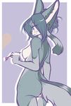  aimi anthro blair_(aimi) blue_eyes blue_fur blue_hair blue_nose border breasts butt canine ear_piercing eyelashes featureless_breasts female freckles fur hair looking_back mammal nude paintbrush piercing smile solo standing white_border white_fur wide_hips 