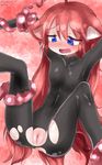  1girl animal_ears anus blue_eyes blush bodysuit cat_ears clitoral_hood copyright_request crotch_cutout dinos female long_hair open_mouth pussy restrained solo tentacle torn_clothes twitter_username uncensored 