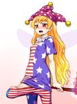  1girl american_flag_dress american_flag_legwear american_flag_shirt blonde_hair blush bulge clownpiece cowboy_shot dress erection erection_under_clothes fairy_wings futanari hat itou_yuuji jester_cap open_mouth penis red_eyes simple_background small_breasts solo sweatdrop through_clothes torch touhou wings 