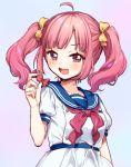  1girl :d ahoge bangs belt belt_buckle blue_belt blue_sailor_collar blush bow breasts brown_eyes buckle candy_wrapper character_request collarbone eyebrows_visible_through_hair food hair_bow hand_up holding holding_candy holding_food long_hair looking_at_viewer nijisanji open_mouth pink_hair pleated_skirt puffy_short_sleeves puffy_sleeves red_neckwear round_teeth sailor_collar school_uniform serafuku shirt short_sleeves sidelocks skirt small_breasts smile solo teeth twintails upper_body upper_teeth v-shaped_eyebrows white_shirt white_skirt yamabukiiro yellow_bow 