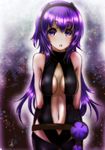  :o absurdres arms_behind_back bare_shoulders breasts cleavage dark_skin fate/grand_order fate/prototype fate/prototype:_fragments_of_blue_and_silver fate_(series) groin hassan_of_serenity_(fate) highres hips medium_breasts navel open_mouth purple_eyes purple_hair raised_eyebrows shimotsukishin short_hair solo 